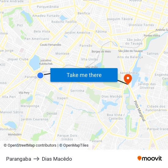 Parangaba to Dias Macêdo map