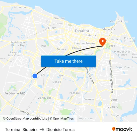 Terminal Siqueira to Dionísio Torres map