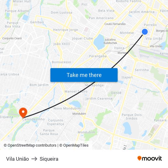 Vila União to Siqueira map