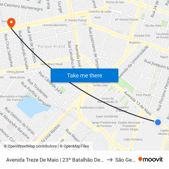 Avenida Treze De Maio | 23º Batalhão De Caçadores - Fátima to São Gerardo map