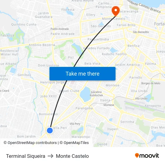 Terminal Siqueira to Monte Castelo map