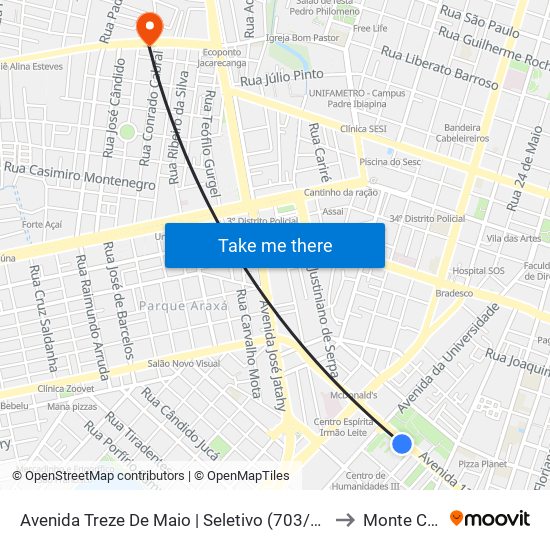 Avenida Treze De Maio | Seletivo (703/755/855) - Benfica to Monte Castelo map