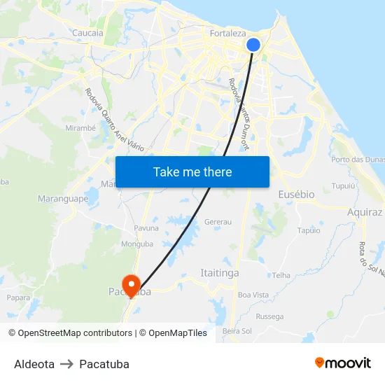 Aldeota to Pacatuba map