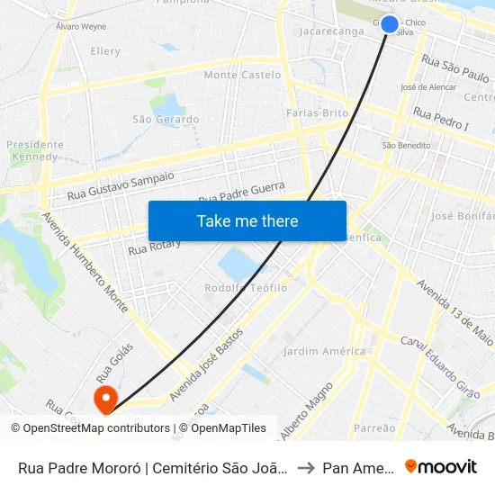 Rua Padre Mororó | Cemitério São João Batista - Centro to Pan Americano map