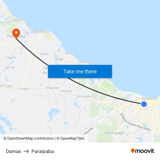 Damas to Paraipaba map