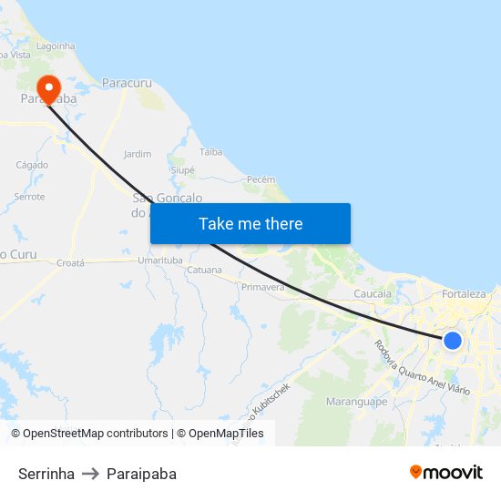 Serrinha to Paraipaba map