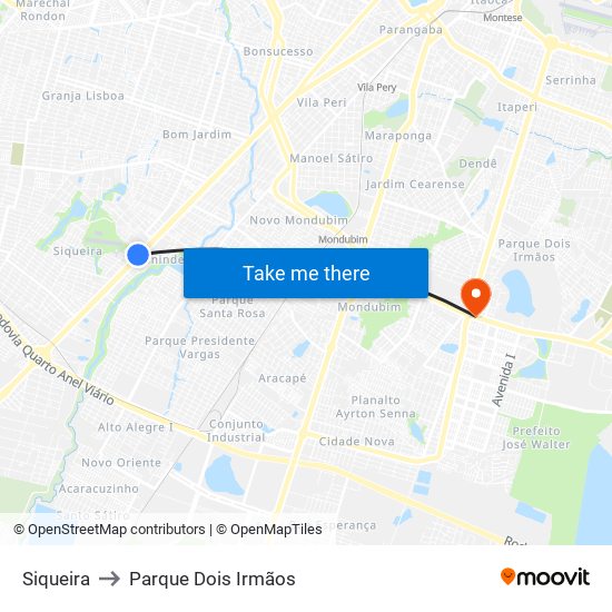 Siqueira to Parque Dois Irmãos map