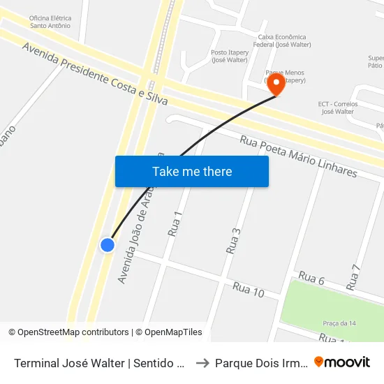 Terminal José Walter | Sentido Sertão to Parque Dois Irmãos map