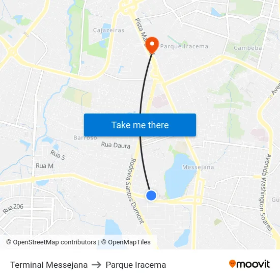 Terminal Messejana to Parque Iracema map