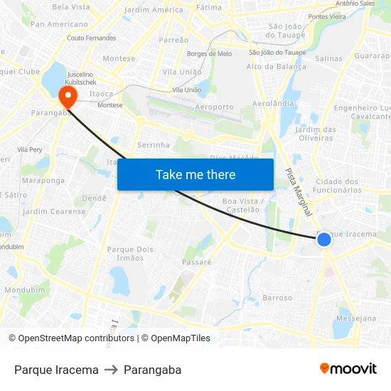 Parque Iracema to Parangaba map