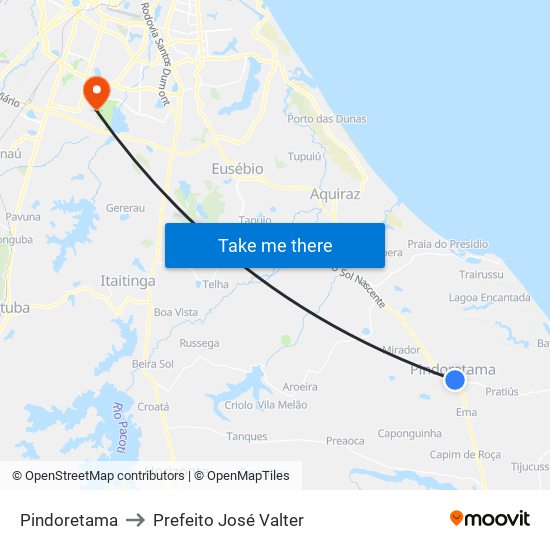 Pindoretama to Prefeito José Valter map