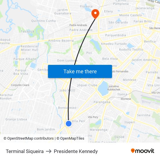 Terminal Siqueira to Presidente Kennedy map