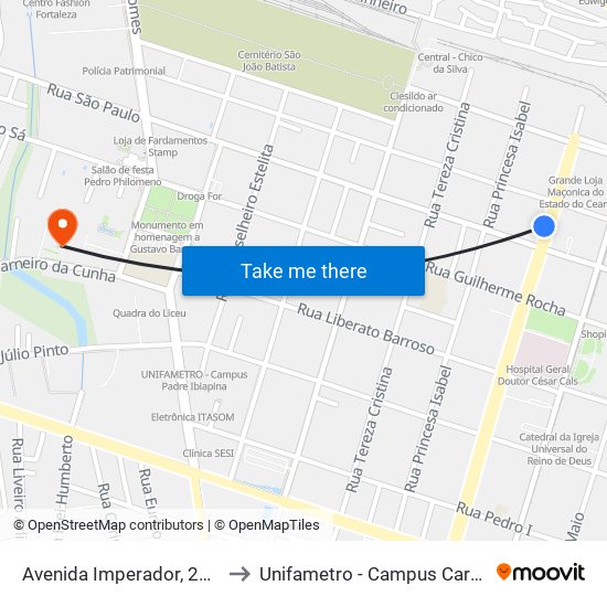 Avenida Imperador, 262 - Centro to Unifametro - Campus Carneiro Cunha map