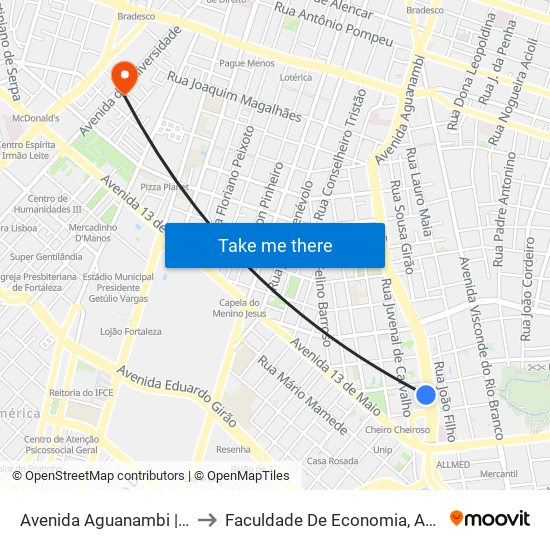 Avenida Aguanambi | Seletivo (Metropolitano) - Fátima to Faculdade De Economia, Administração, Atuária, Contabilidade Da Ufc map