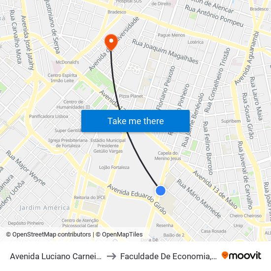 Avenida Luciano Carneiro | Uece - Centro De Humanidades - Fátima to Faculdade De Economia, Administração, Atuária, Contabilidade Da Ufc map