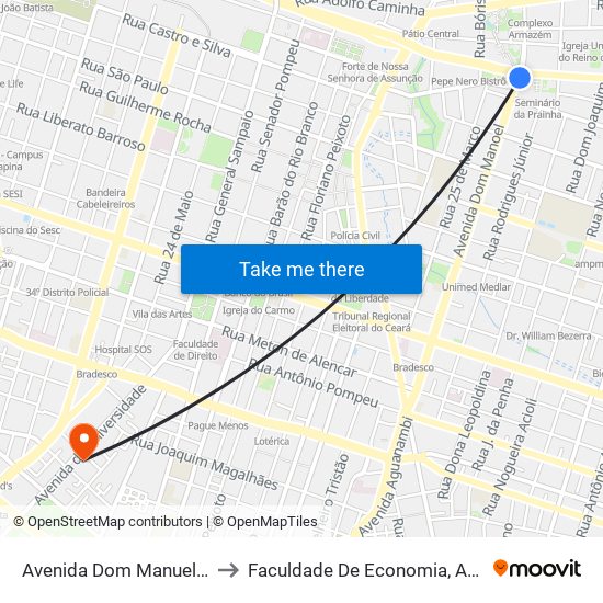 Avenida Dom Manuel | Seletivo (073/077/078) - Centro to Faculdade De Economia, Administração, Atuária, Contabilidade Da Ufc map