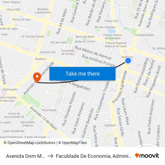 Avenida Dom Manuel, 1316 - Centro to Faculdade De Economia, Administração, Atuária, Contabilidade Da Ufc map