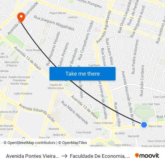 Avenida Pontes Vieira | Parque Rio Branco - Joaquim Távora to Faculdade De Economia, Administração, Atuária, Contabilidade Da Ufc map