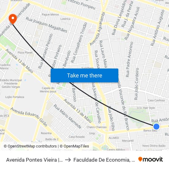 Avenida Pontes Vieira | Praça Joaquim Távora - Joaquim Távora to Faculdade De Economia, Administração, Atuária, Contabilidade Da Ufc map