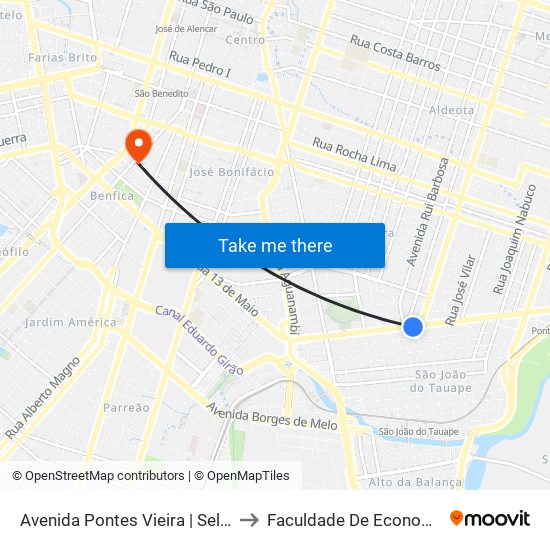 Avenida Pontes Vieira | Seletivo (029/030/075/755/823/855) - São João Do Tauape to Faculdade De Economia, Administração, Atuária, Contabilidade Da Ufc map