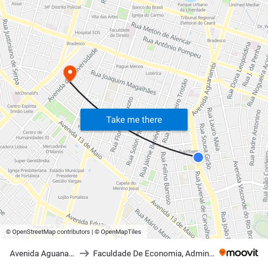 Avenida Aguanambi, 951-953 - Fátima to Faculdade De Economia, Administração, Atuária, Contabilidade Da Ufc map