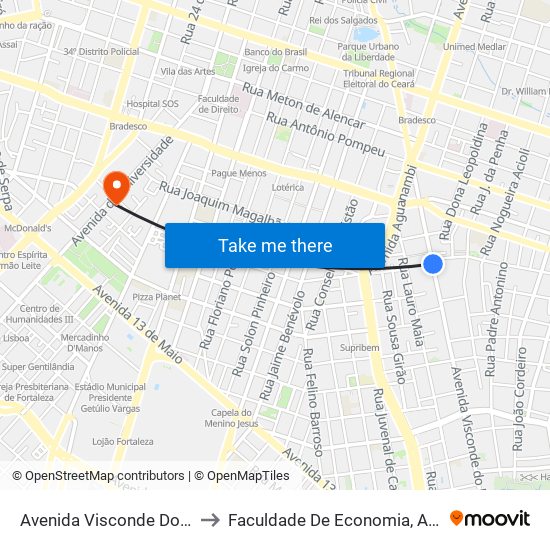 Avenida Visconde Do Rio Branco, 2372 - Joaquim Távora to Faculdade De Economia, Administração, Atuária, Contabilidade Da Ufc map