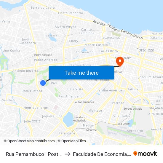 Rua Pernambuco | Posto De Saúde César Cals De Oliveira Filho - Pici to Faculdade De Economia, Administração, Atuária, Contabilidade Da Ufc map