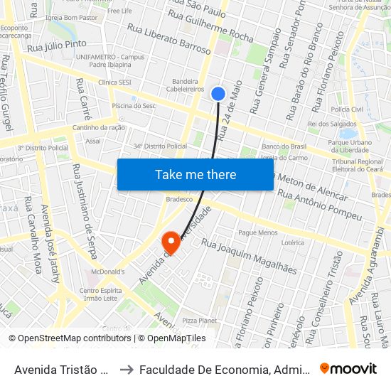 Avenida Tristão Gonçalves, 803 - Centro to Faculdade De Economia, Administração, Atuária, Contabilidade Da Ufc map
