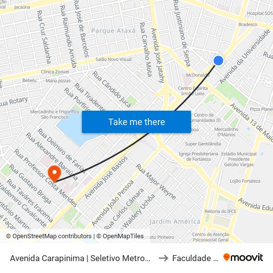 Avenida Carapinima | Seletivo Metropolitano (301/302/303/304/305/401) - Benfica to Faculdade De Medicina Ufc map