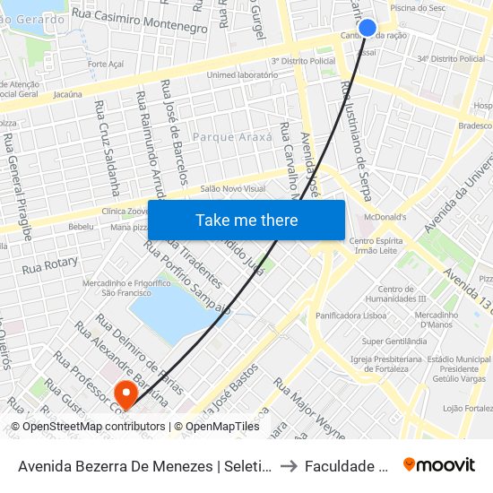 Avenida Bezerra De Menezes | Seletivo (Linhas Metropolitanas) - Farias Brito to Faculdade De Medicina Ufc map