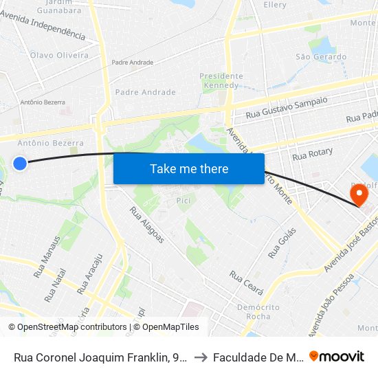 Rua Coronel Joaquim Franklin, 940 - Antônio Bezerra to Faculdade De Medicina Ufc map