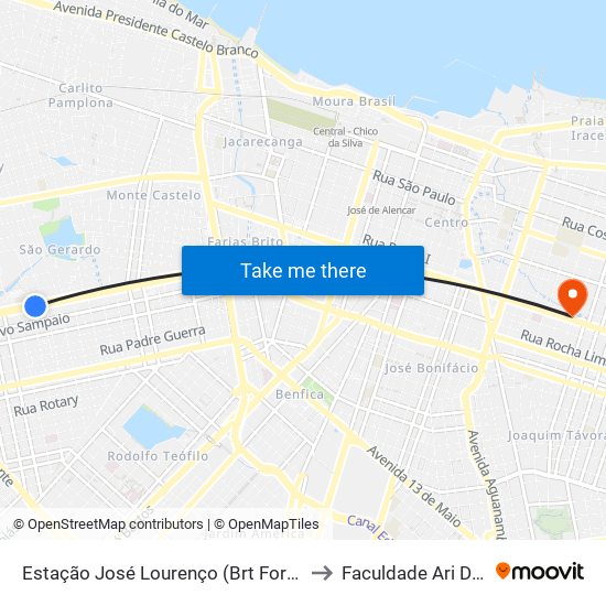 Estação José Lourenço (Brt Fortaleza) to Faculdade Ari De Sá map