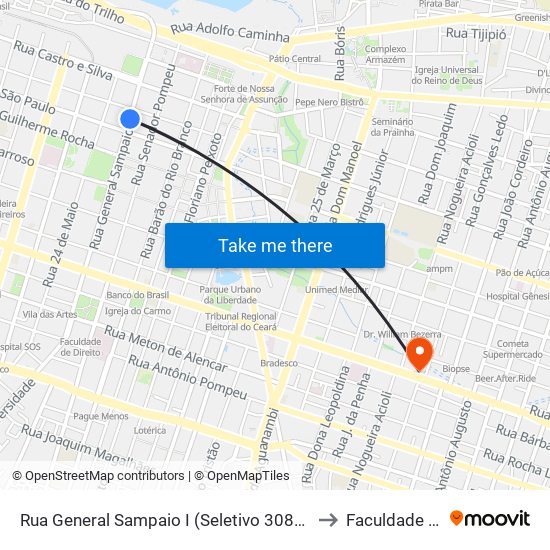 Rua General Sampaio I (Seletivo 308/316/374/385) - Centro to Faculdade Ari De Sá map