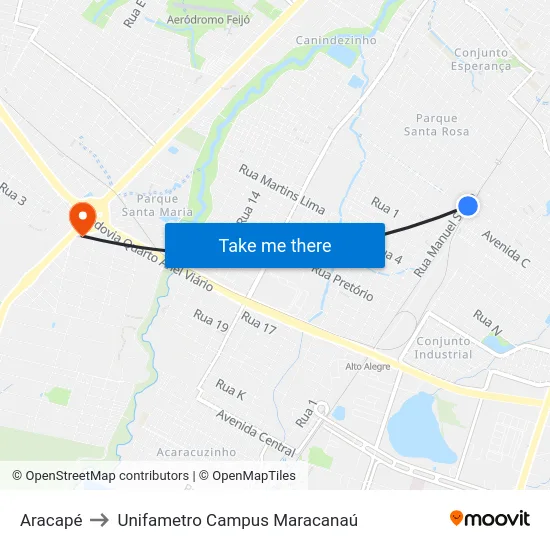 Aracapé to Unifametro Campus Maracanaú map