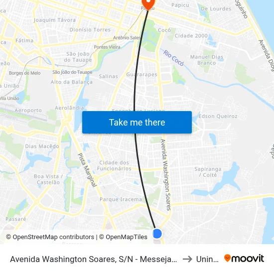 Avenida Washington Soares, S/N - Messejana to Uninta map