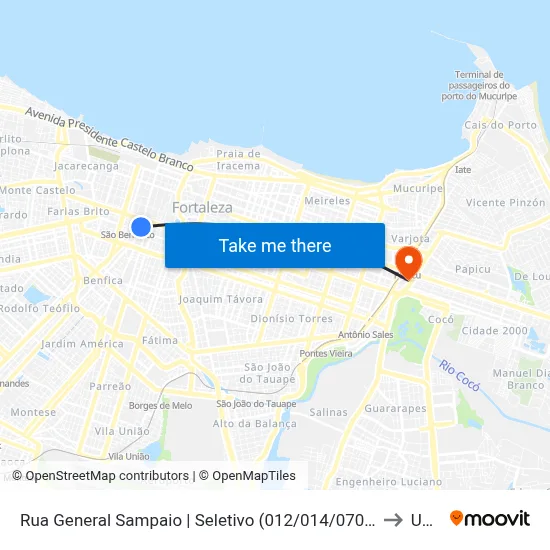 Rua General Sampaio | Seletivo (012/014/070/302/355/389/390) - Centro to Uninta map