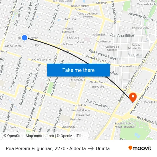 Rua Pereira Filgueiras, 2270 - Aldeota to Uninta map
