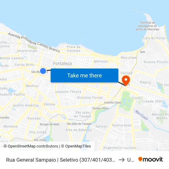 Rua General Sampaio | Seletivo (307/401/403/404/405/406/407/411/502) - Centro to Uninta map