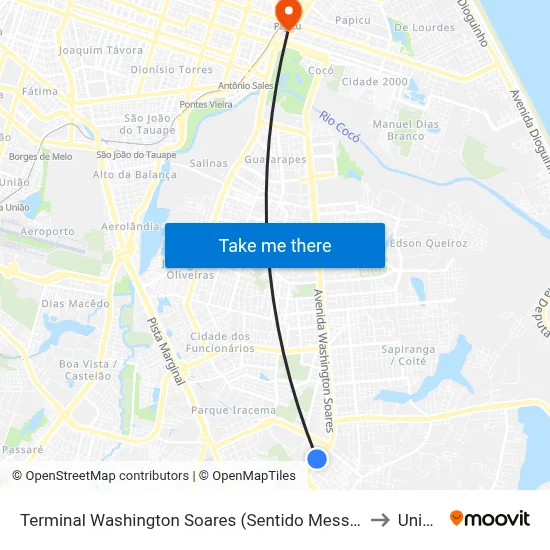 Terminal Washington Soares (Sentido Messejana) to Uninta map