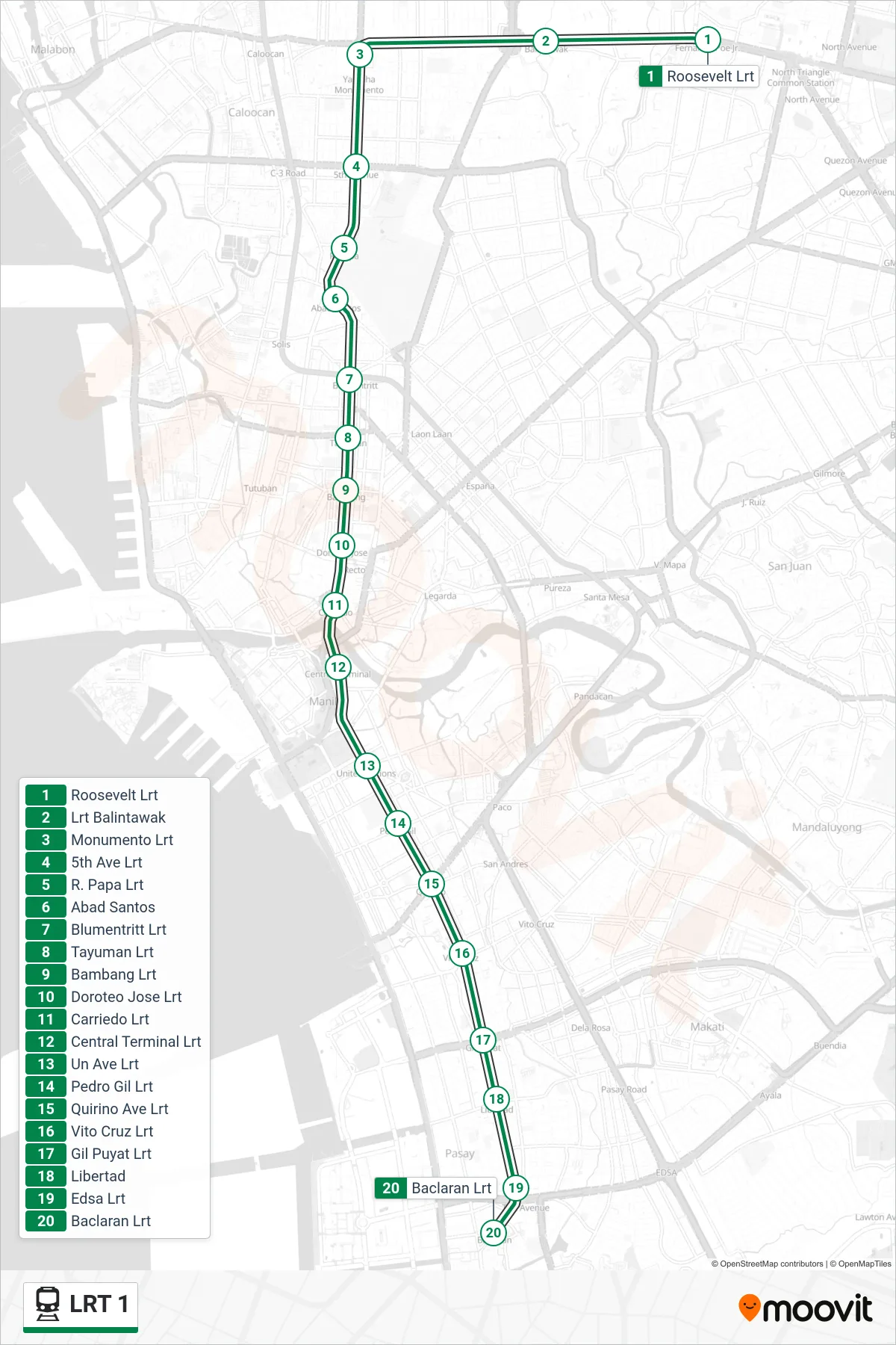 LRT 1 train Line (Baclaran) route and stops on a map