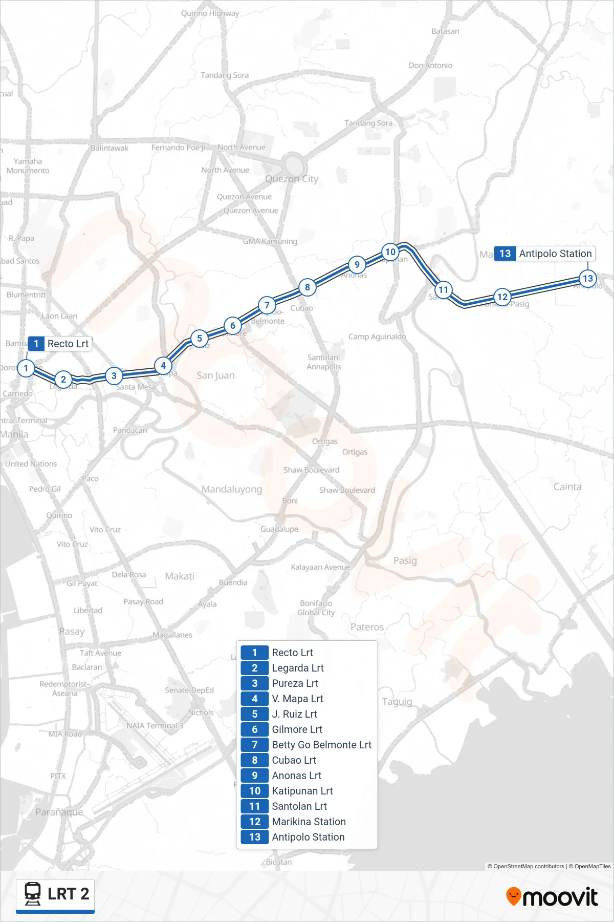 LRT 2 rail Line (Santolan) route and stops on a map