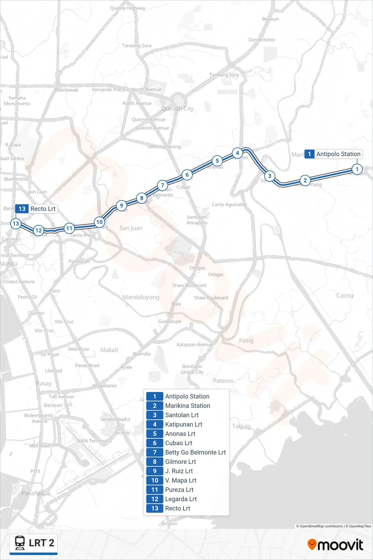 LRT 2 rail Line (Recto) route and stops on a map