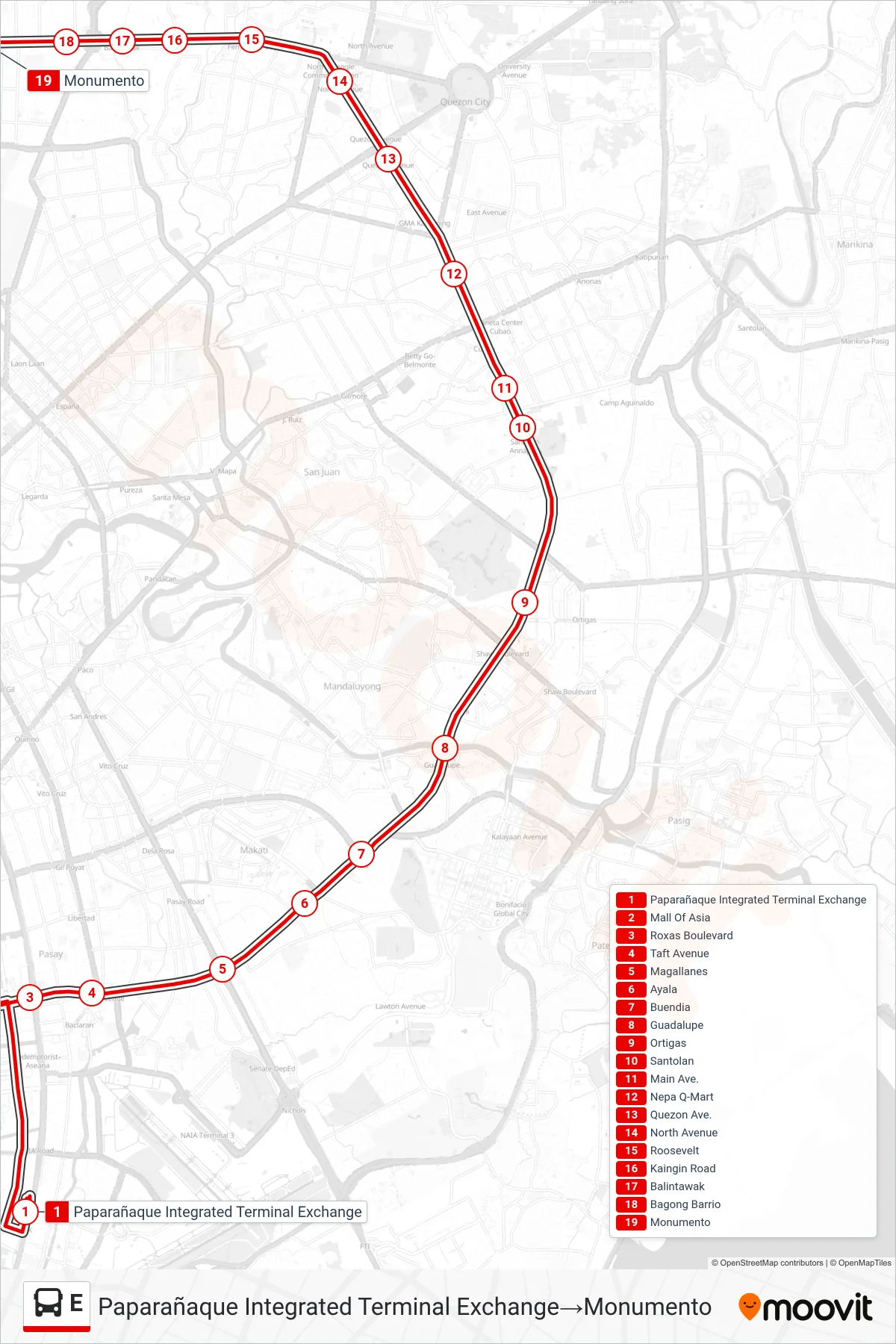 E bus Line (Paparañaque Integrated Terminal Exchange→Monumento) route and stops on a map