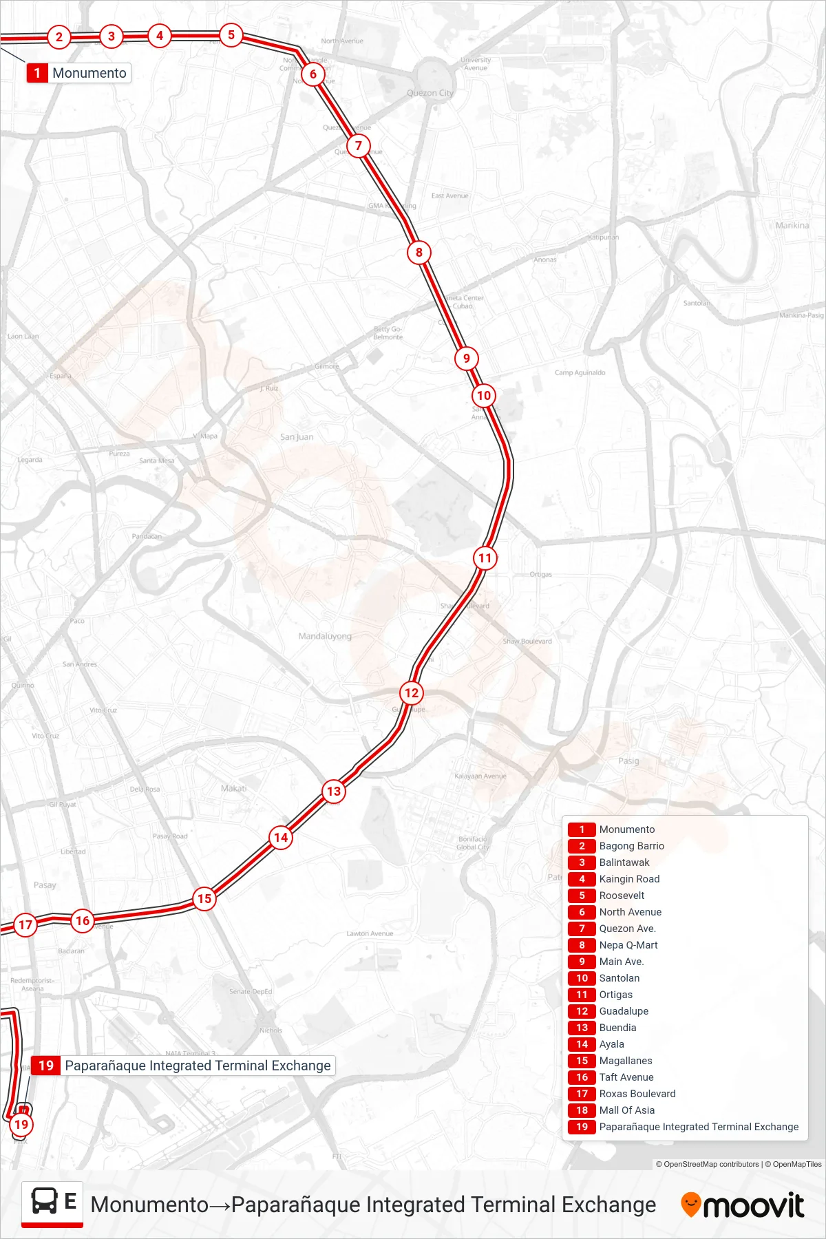 E bus Line (Monumento→Paparañaque Integrated Terminal Exchange) route and stops on a map