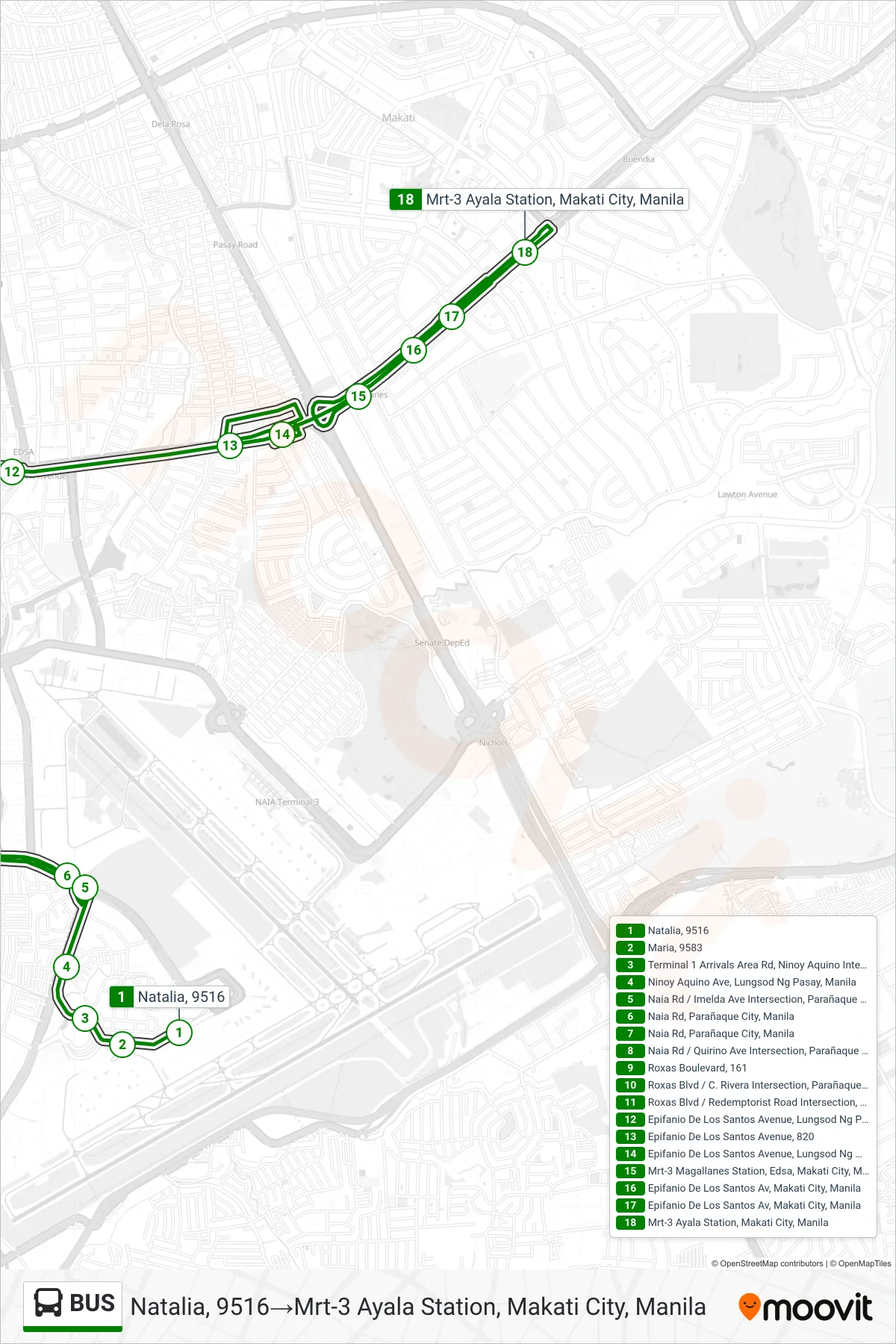 BUS bus Line (Natalia, 9516→Mrt-3 Ayala Station, Makati City, Manila) route and stops on a map