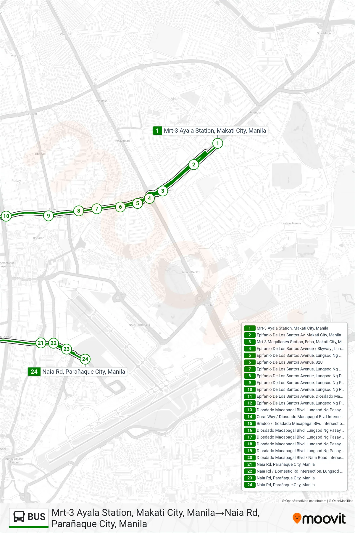 BUS bus Line (Mrt-3 Ayala Station, Makati City, Manila‎→Naia Rd, Parañaque City, Manila) route and stops on a map