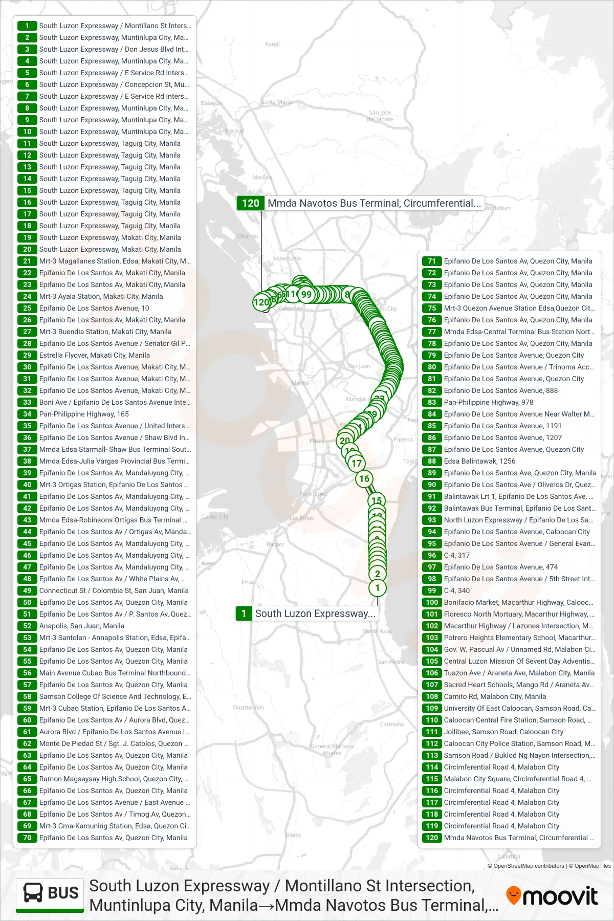 BUS bus Line (South Luzon Expressway / Montillano St Intersection, Muntinlupa City, Manila‎→Mmda Navotos Bus Terminal, Circumferential Road 4, Navotas City, Manila) route and stops on a map