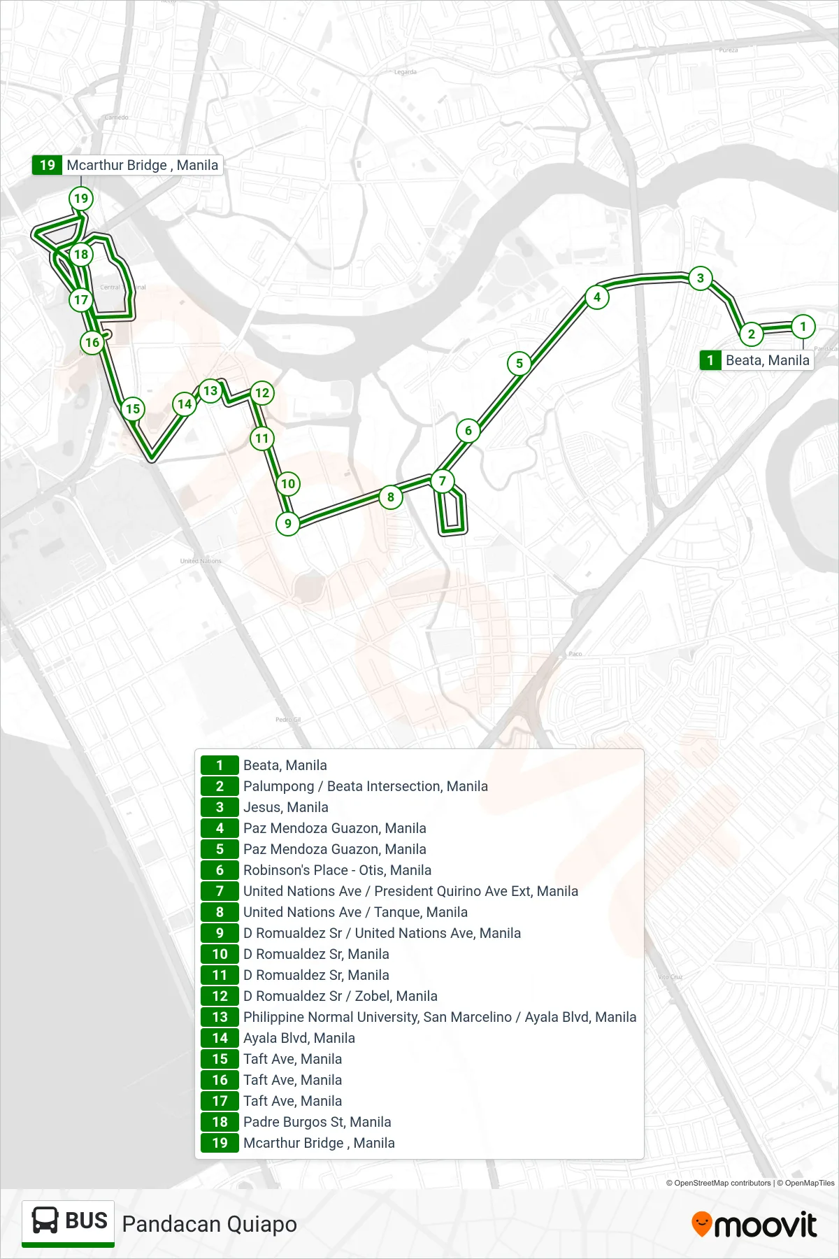 BUS bus Line (Beata, Manila→Mcarthur Bridge , Manila) route and stops on a map