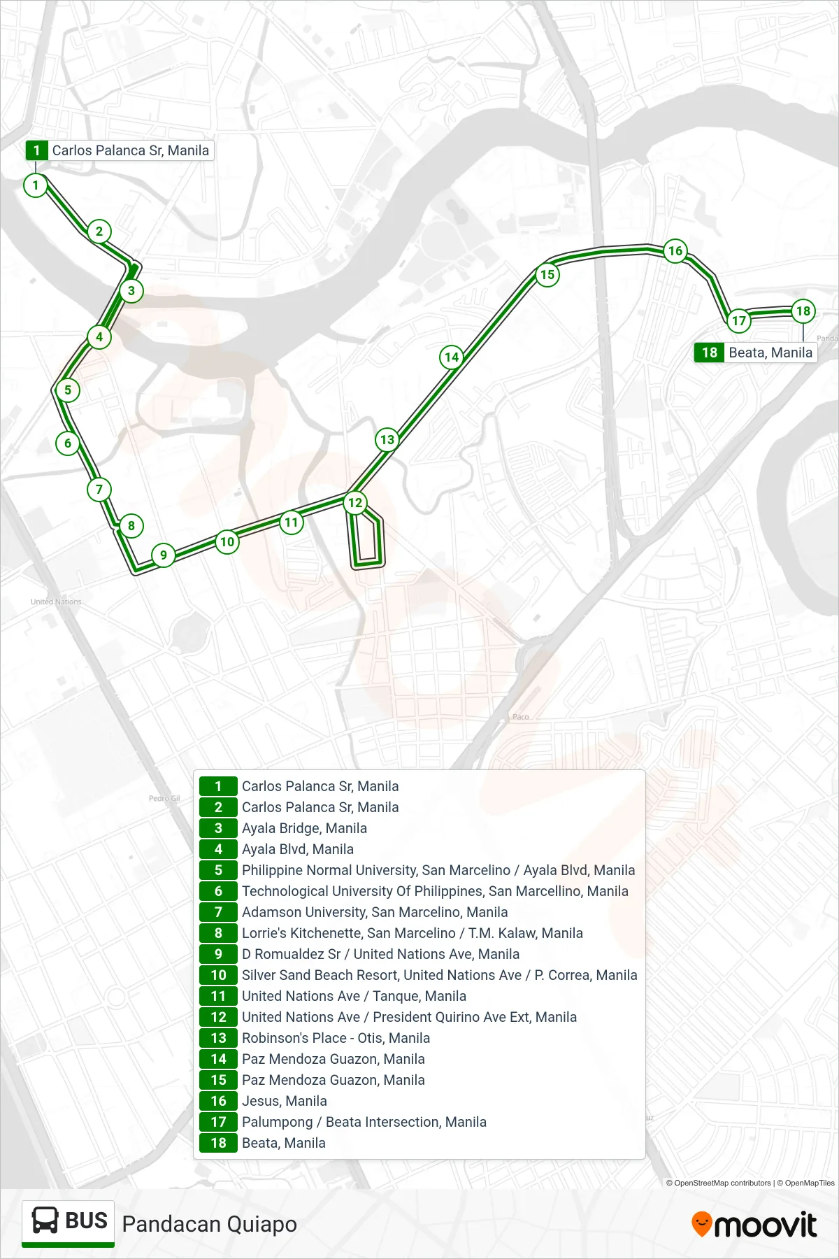 BUS bus Line (Carlos Palanca Sr, Manila→Beata, Manila) route and stops on a map