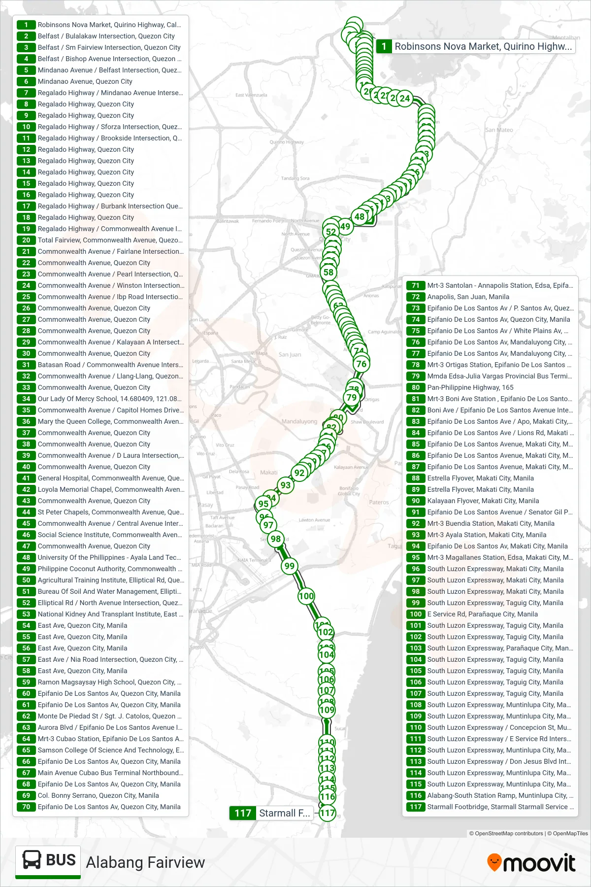 BUS bus Line (Robinsons Nova Market, Quirino Highway, Caloocan City→Starmall Footbridge, Starmall Starmall Service Rd, Muntinlupa City, Manila) route and stops on a map